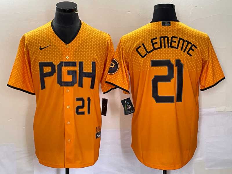 Men%27s Pittsburgh Pirates #21 Roberto Clemente Number Gold 2023 City Connect Stitched Jersey1->pittsburgh pirates->MLB Jersey